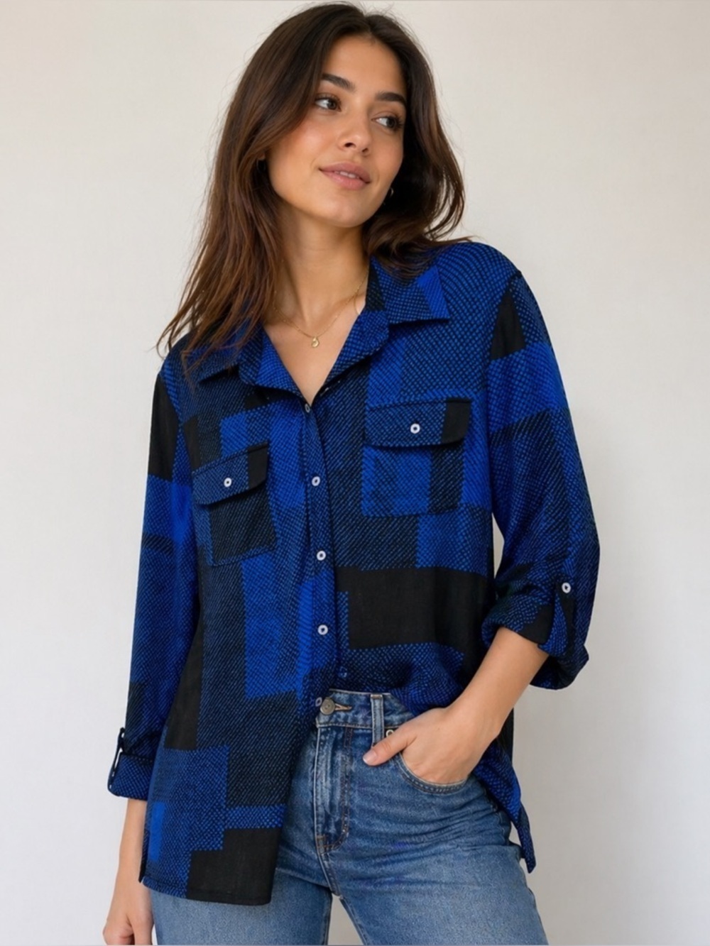 Karl lagerfeld button down blouse blue/black Small